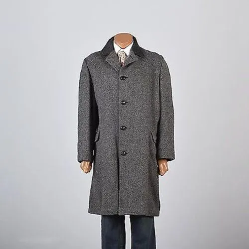 1960s Men's Charcoal Gray Tweed Overcoat Lined in Red Plaid