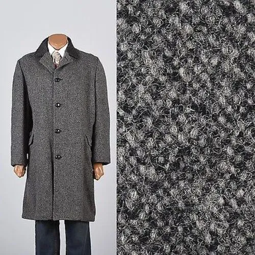 1960s Men's Charcoal Gray Tweed Overcoat Lined in Red Plaid