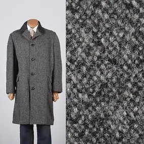 1960s Men's Charcoal Gray Tweed Overcoat Lined in Red Plaid