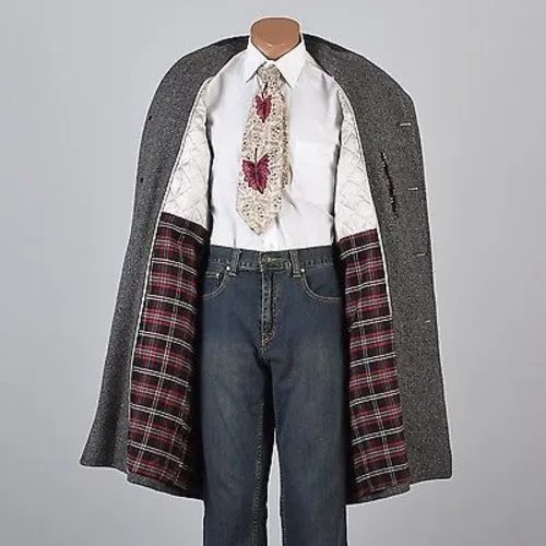 1960s Men's Charcoal Gray Tweed Overcoat Lined in Red Plaid