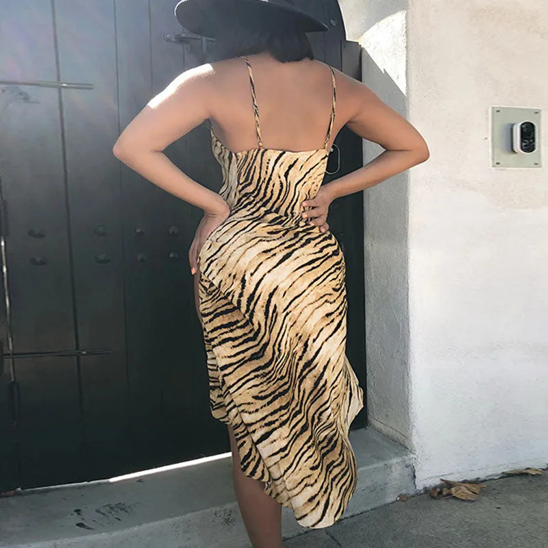 Asymmetric Hem Animal Print High Split Sleeveless Midi Dress - Tiger