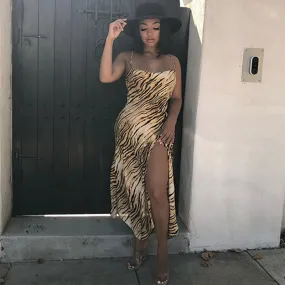 Asymmetric Hem Animal Print High Split Sleeveless Midi Dress - Tiger