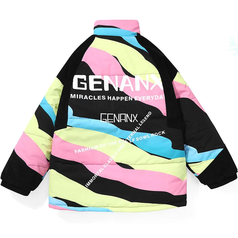 Black Patchwork Stripe Letter Print Corduroy Padded Coat