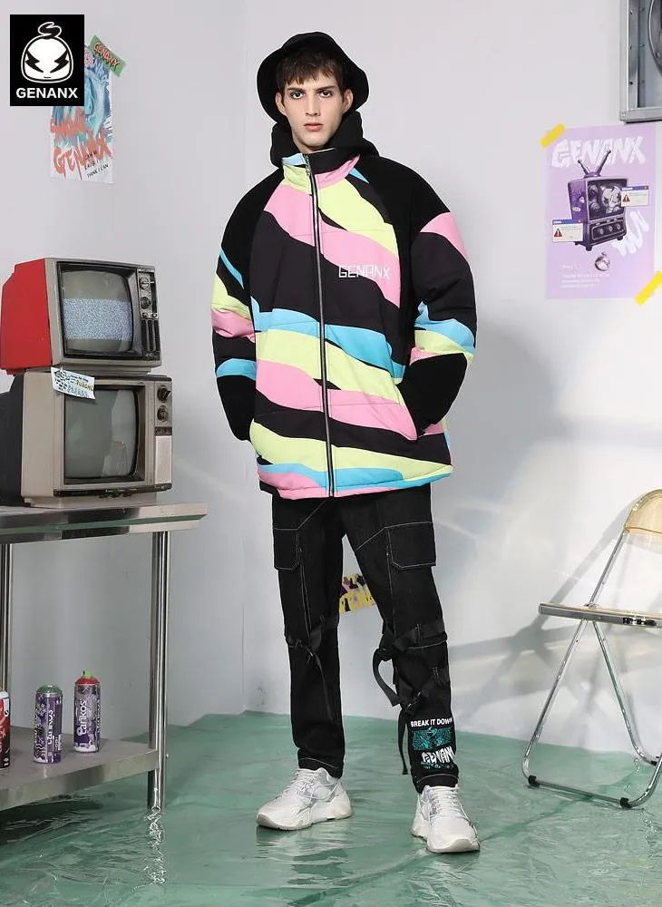 Black Patchwork Stripe Letter Print Corduroy Padded Coat
