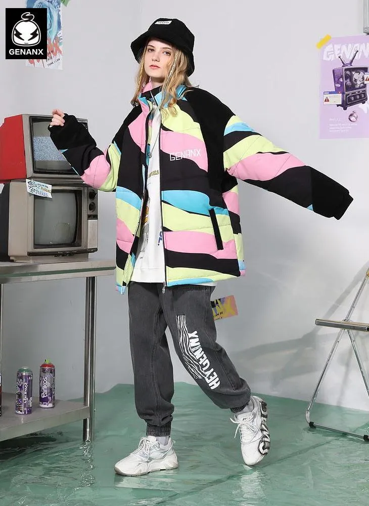 Black Patchwork Stripe Letter Print Corduroy Padded Coat