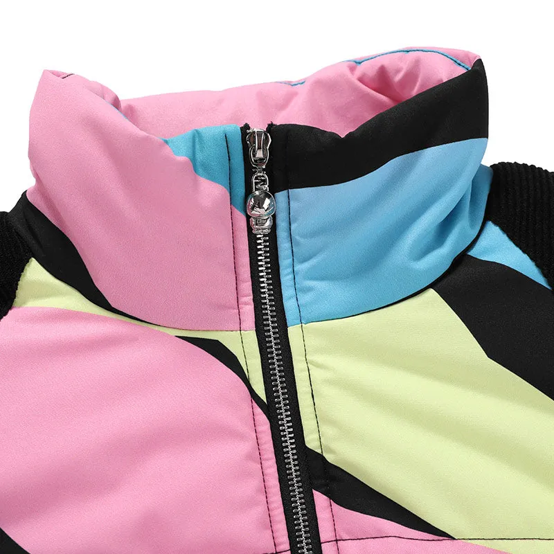 Black Patchwork Stripe Letter Print Corduroy Padded Coat