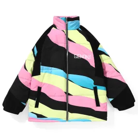 Black Patchwork Stripe Letter Print Corduroy Padded Coat