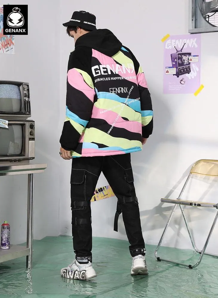 Black Patchwork Stripe Letter Print Corduroy Padded Coat
