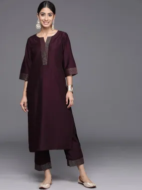 Burgundy Solid Silk Blend Straight Kurta With Trousers