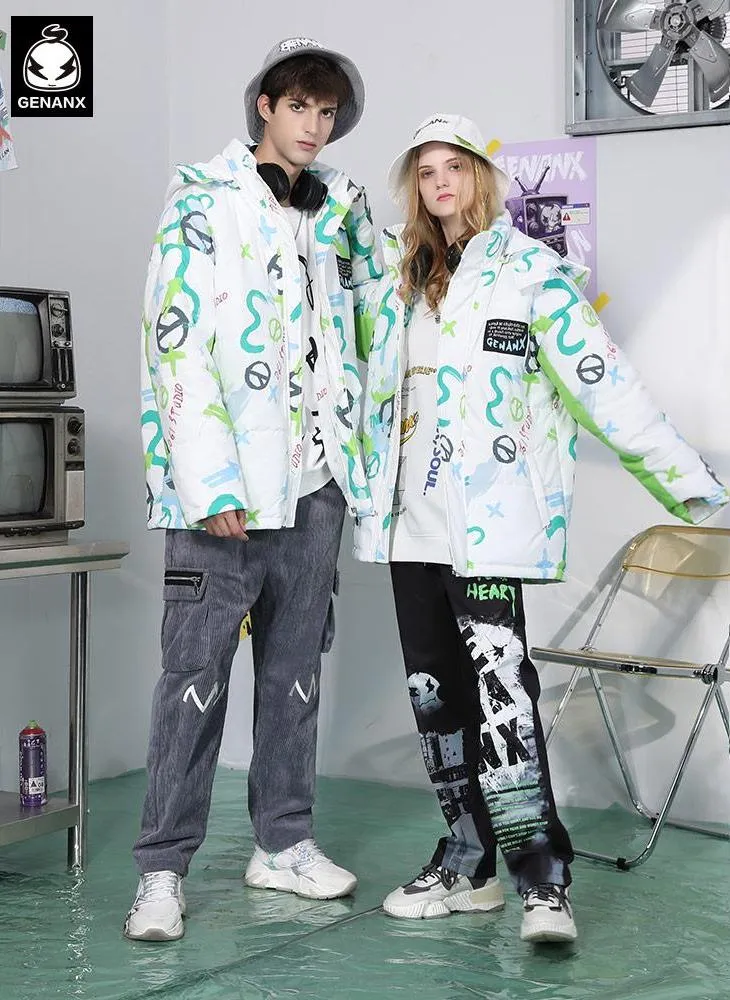 Color Block Print Padded Coat With Removable Hooded