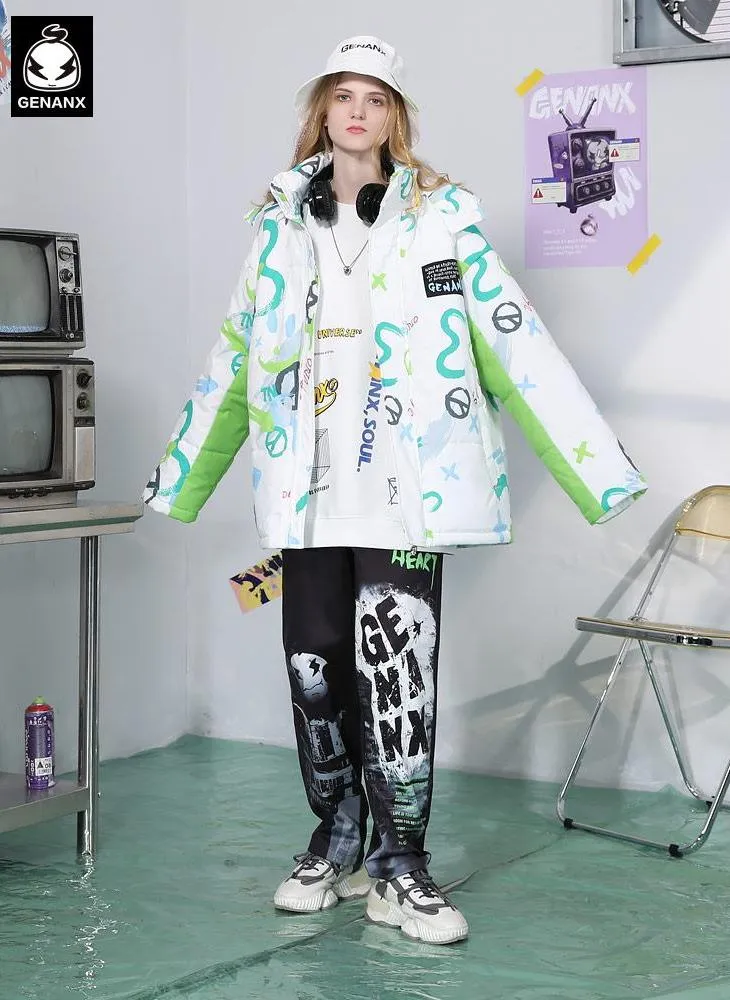 Color Block Print Padded Coat With Removable Hooded