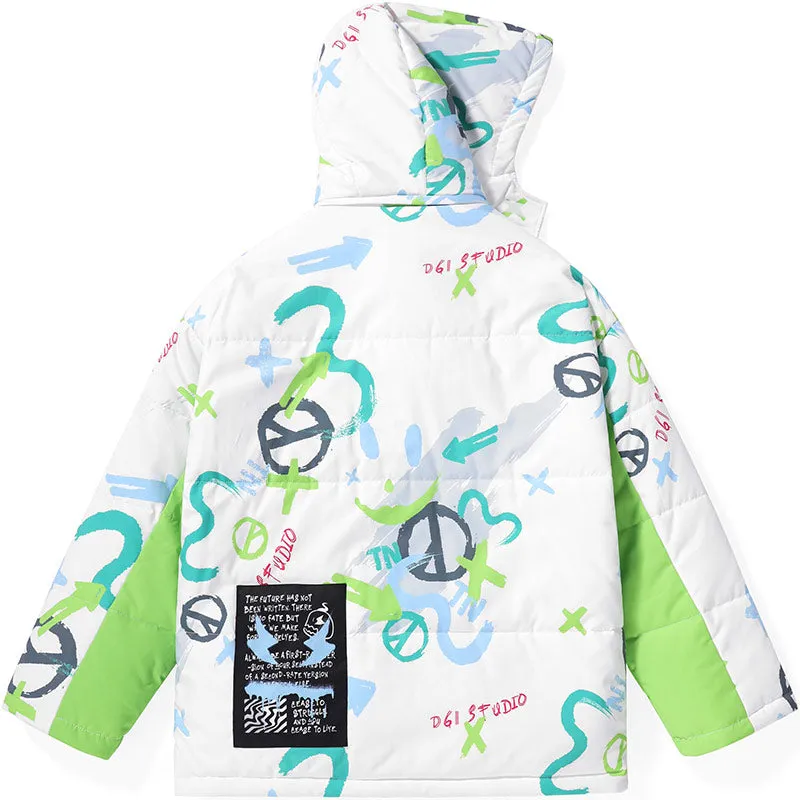 Color Block Print Padded Coat With Removable Hooded