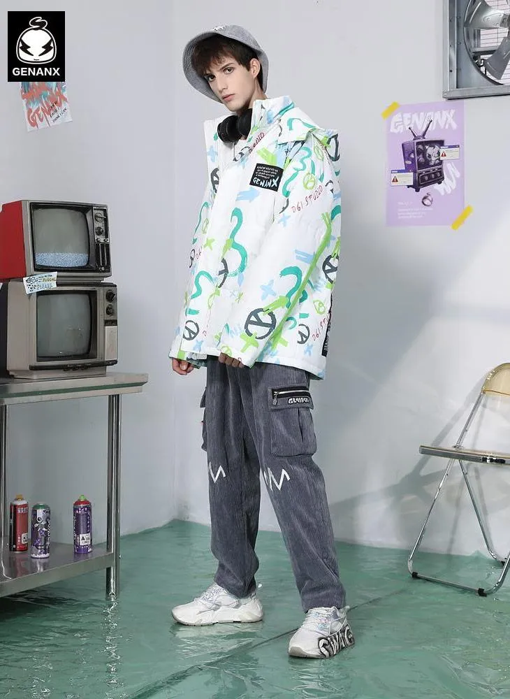 Color Block Print Padded Coat With Removable Hooded