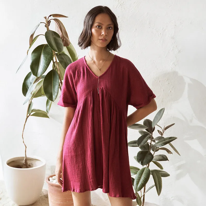 Cotton Solid Short Dress For Women | Relaxed Fit | Red