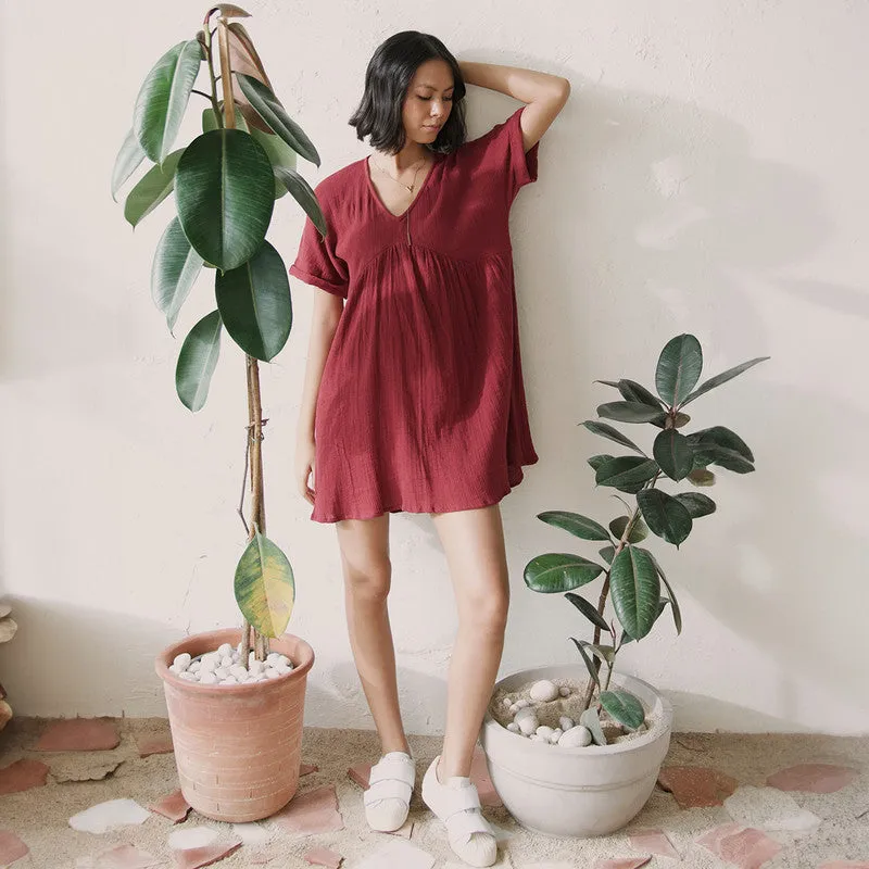 Cotton Solid Short Dress For Women | Relaxed Fit | Red