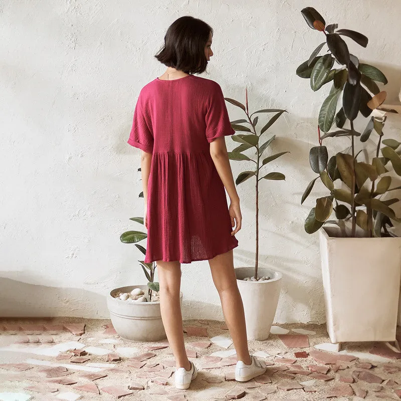 Cotton Solid Short Dress For Women | Relaxed Fit | Red