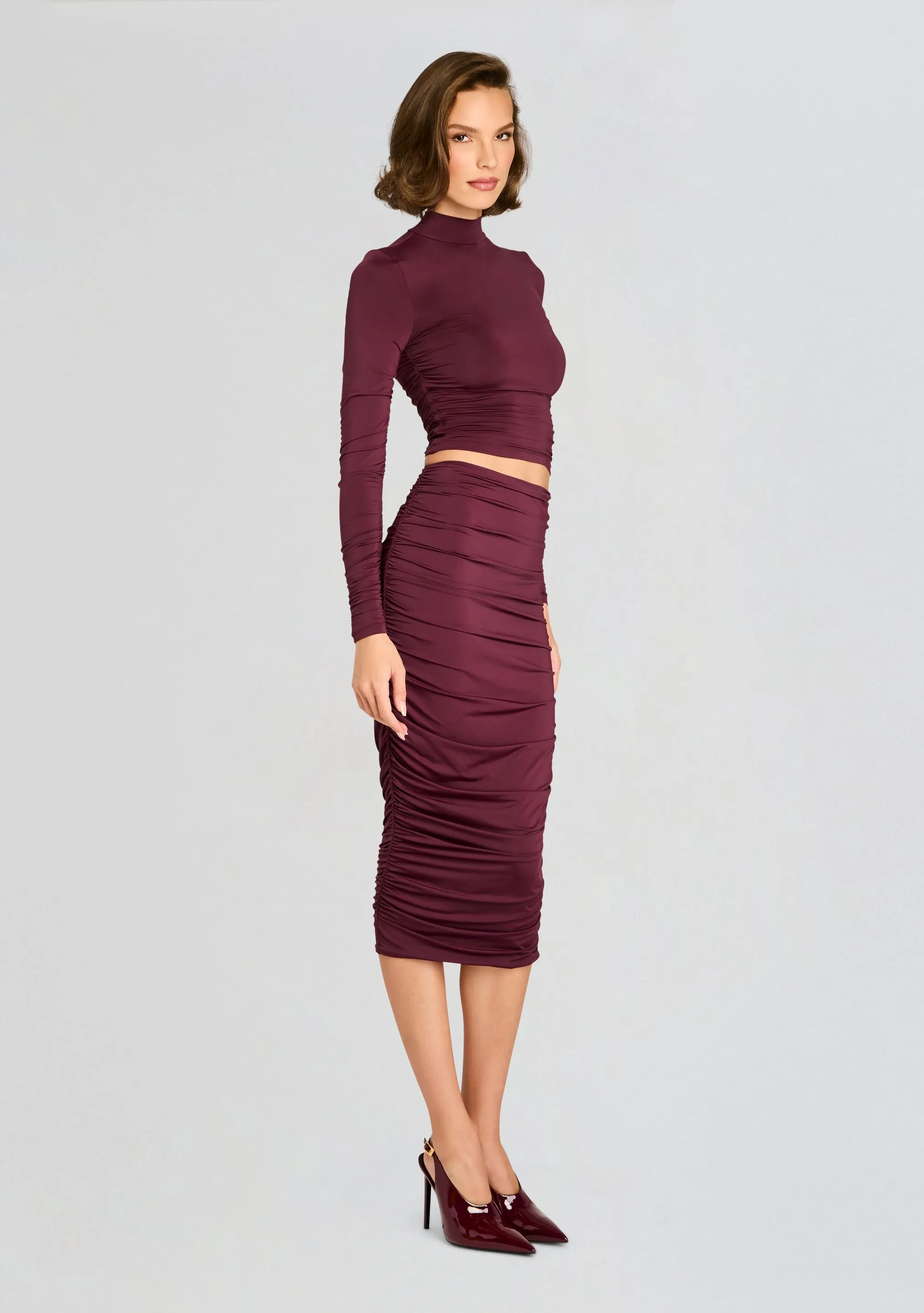 Darcy Mid Rise Ruched Midi Skirt