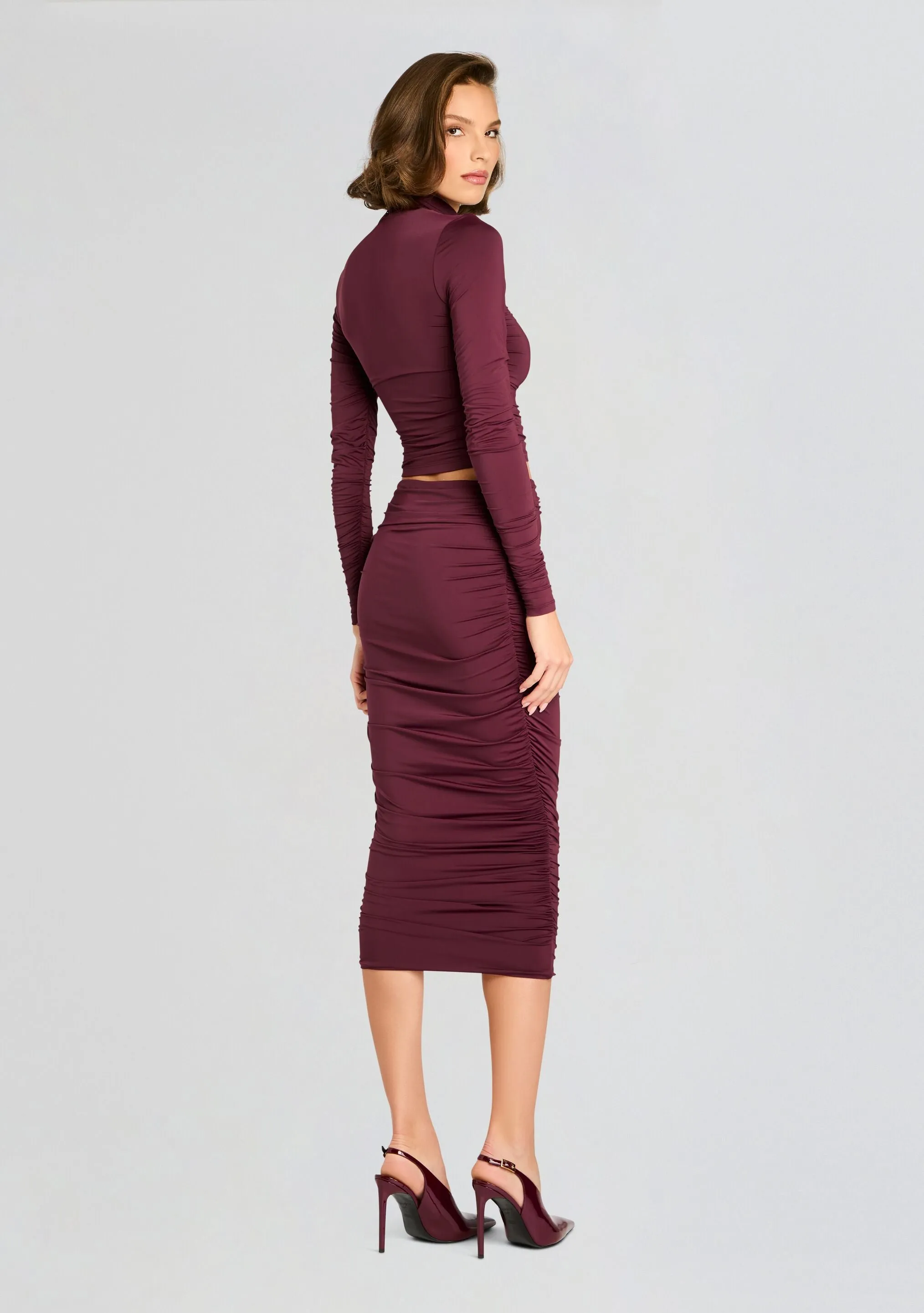 Darcy Mid Rise Ruched Midi Skirt