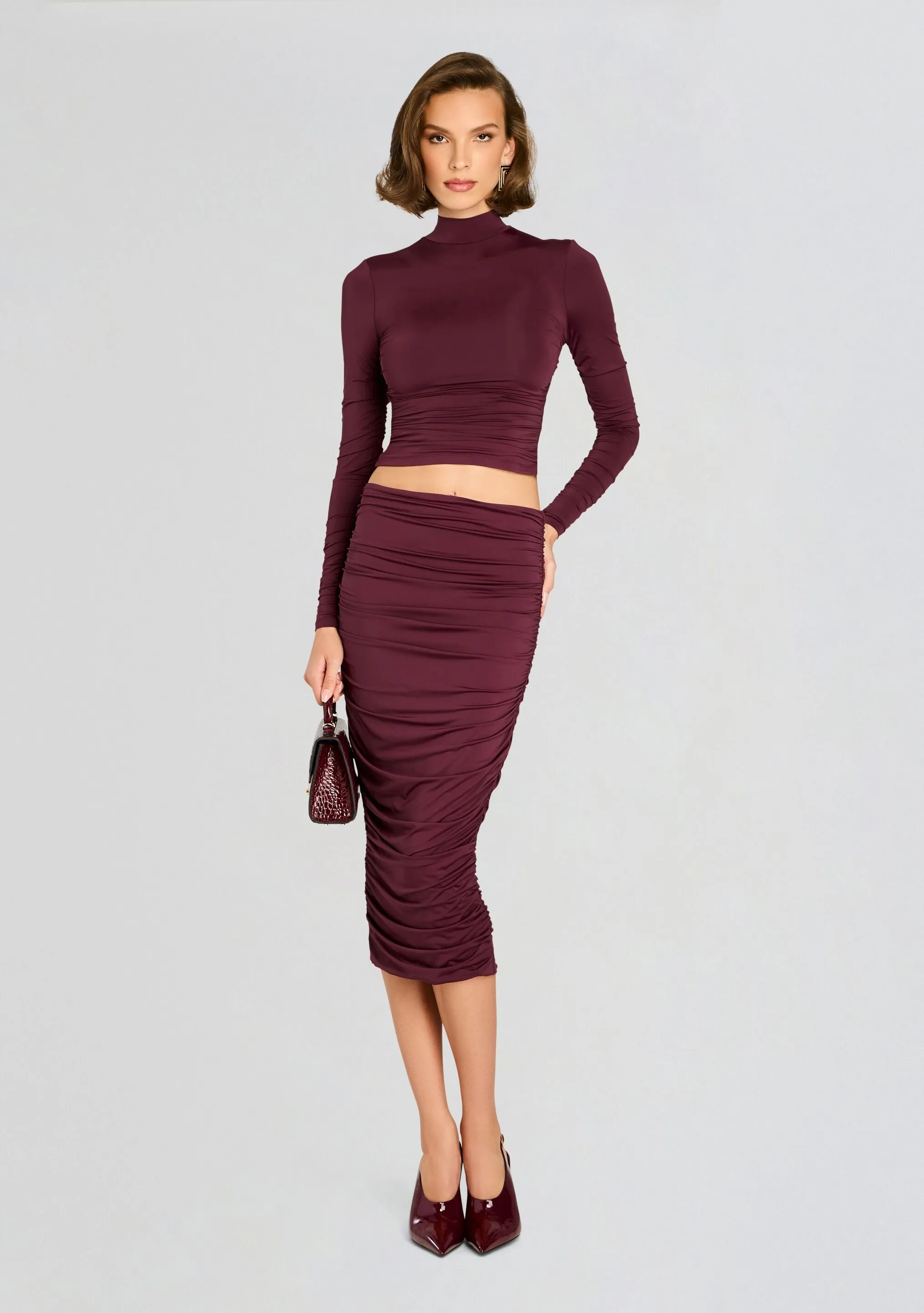 Darcy Mid Rise Ruched Midi Skirt