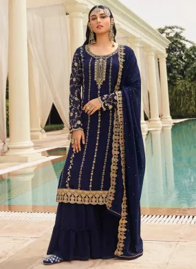 Dark Blue & Gold Embroidered Sequins Sharara Suit