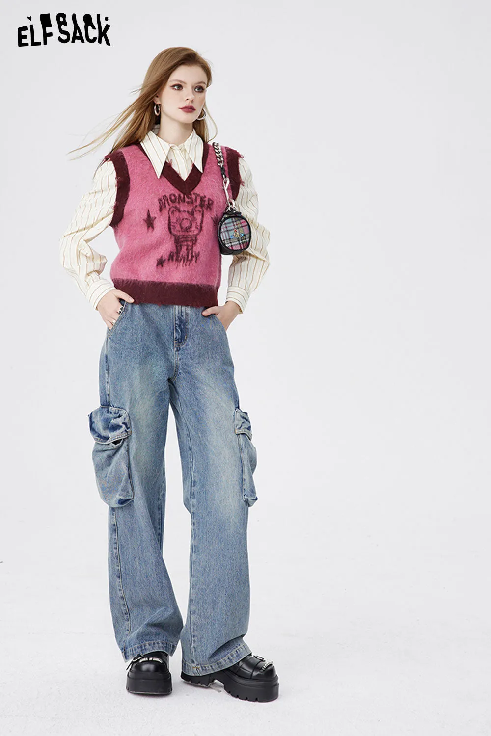 ELFSACK Women Jeans Retro Fashion Casual Straight Leg Pants High Waisted Loose Wide Leg Trousers 2024 New Women'S Y2K Street Denim ELFSACK Pants