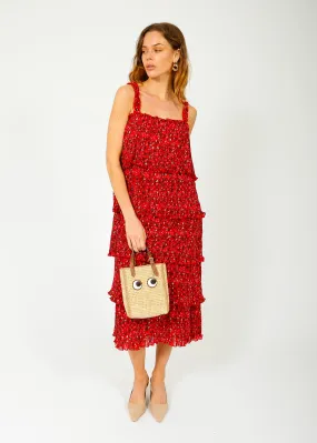 GANNI F8868 Pleated Georgette Flounce Dress in Racing Red