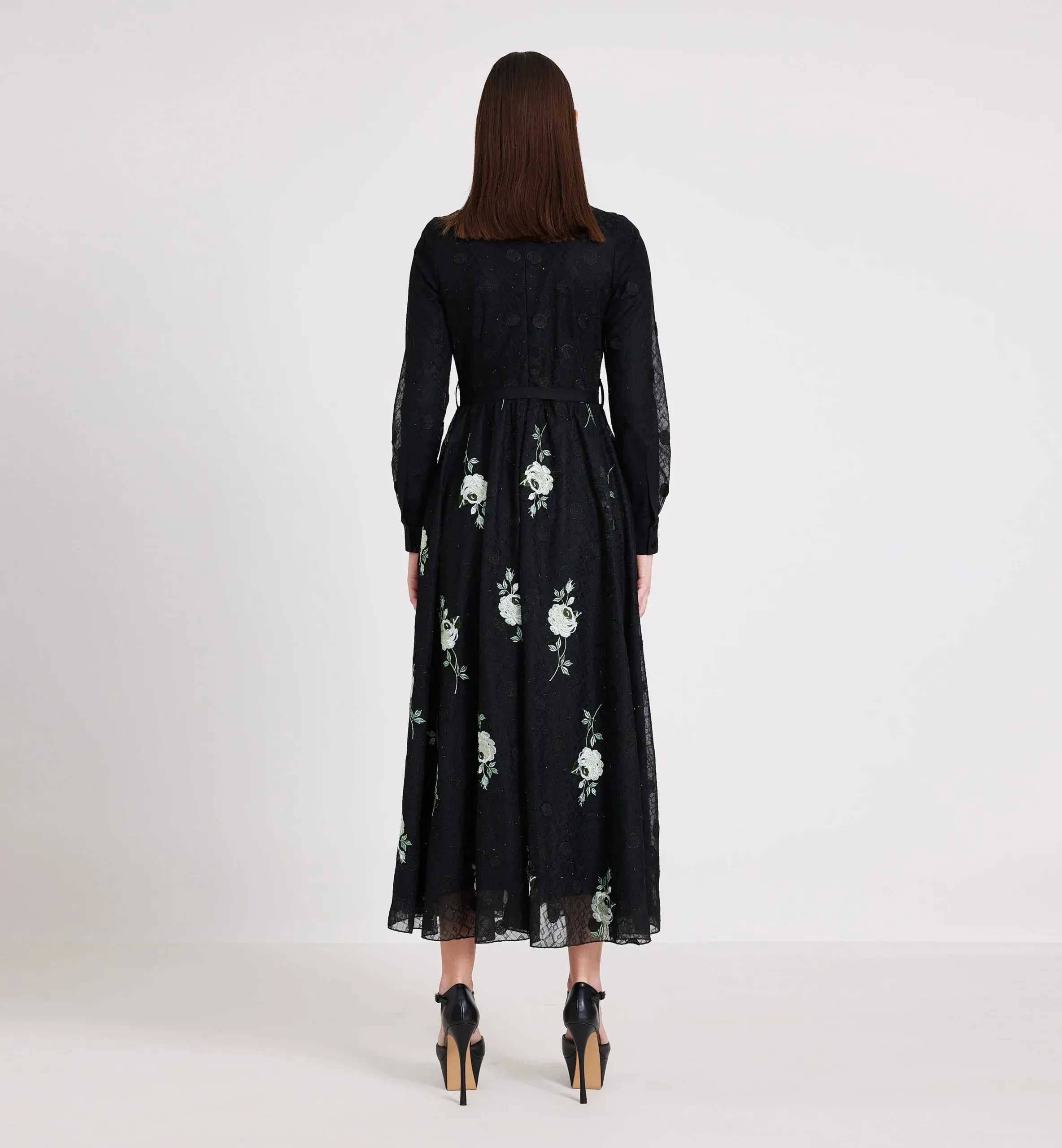 Green Flowers And Circles Embroidery Midi Dress