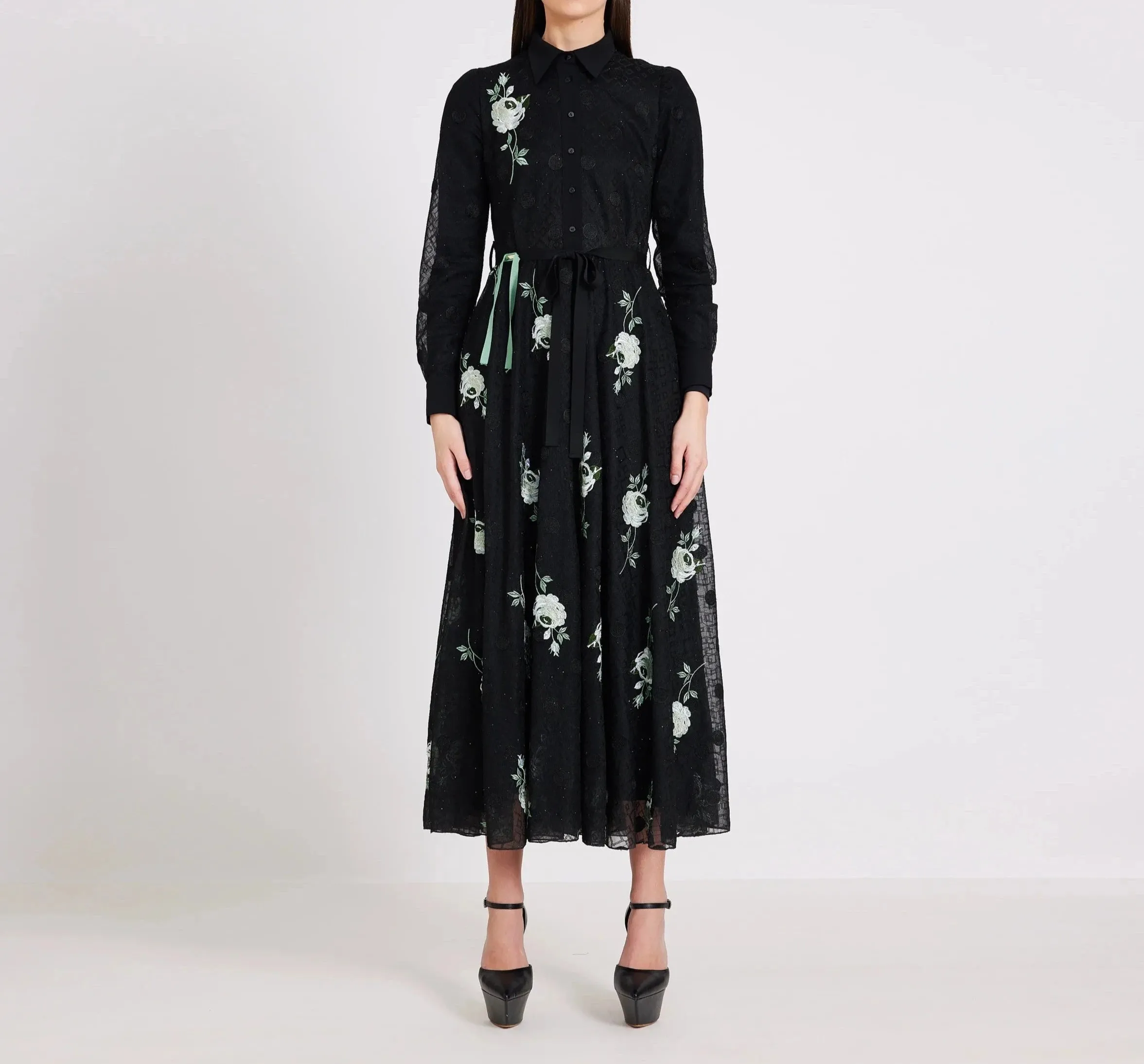 Green Flowers And Circles Embroidery Midi Dress