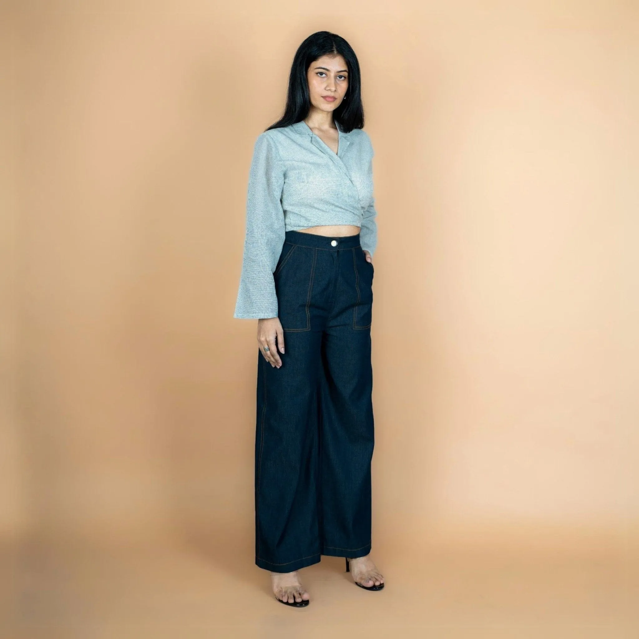 Indigo Cotton Denim High-Rise Flared Comfort Fit Wide Legged Pant