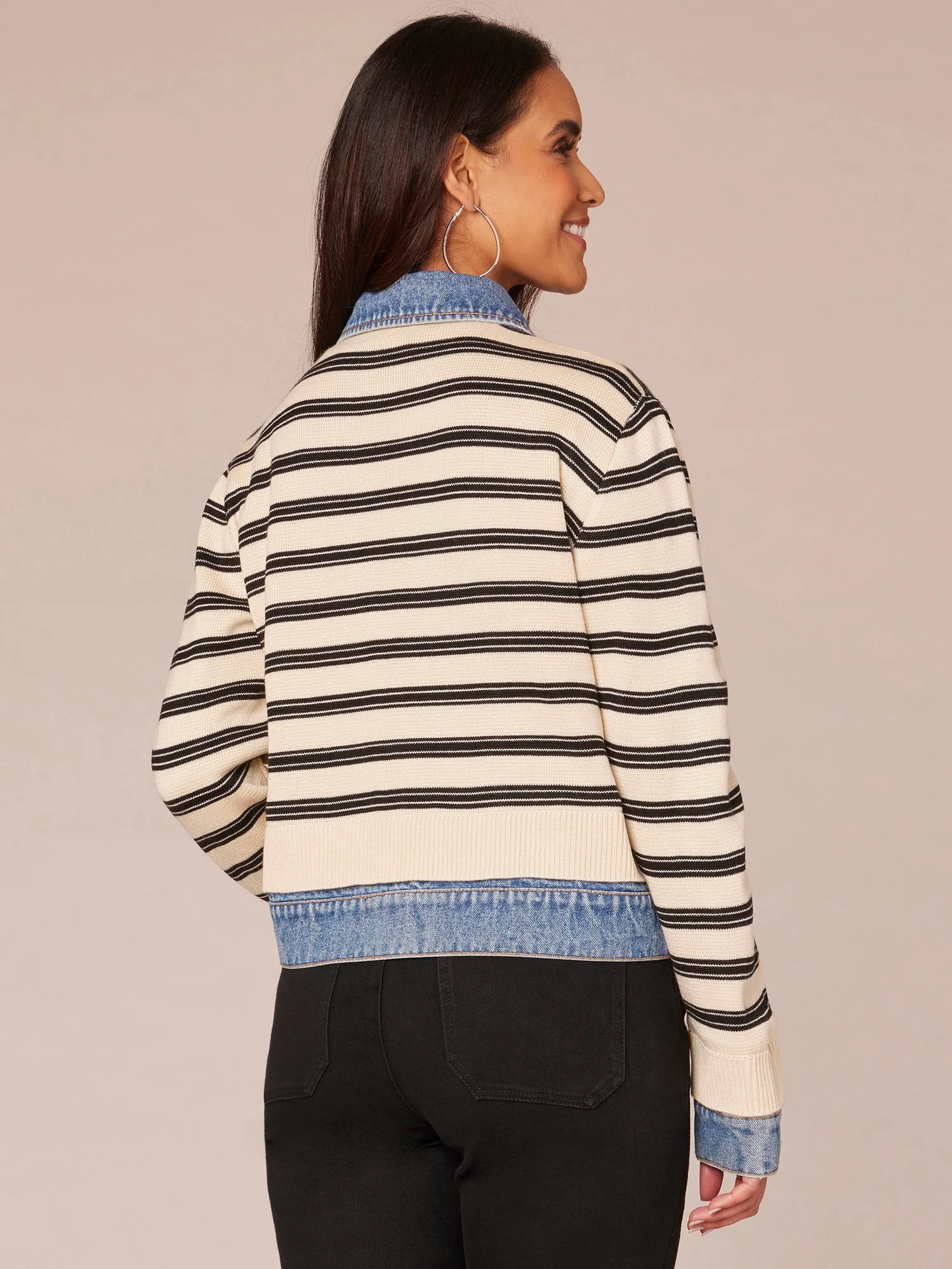 Long Sleeve Button Front Mixed Media Stripe Jacket
