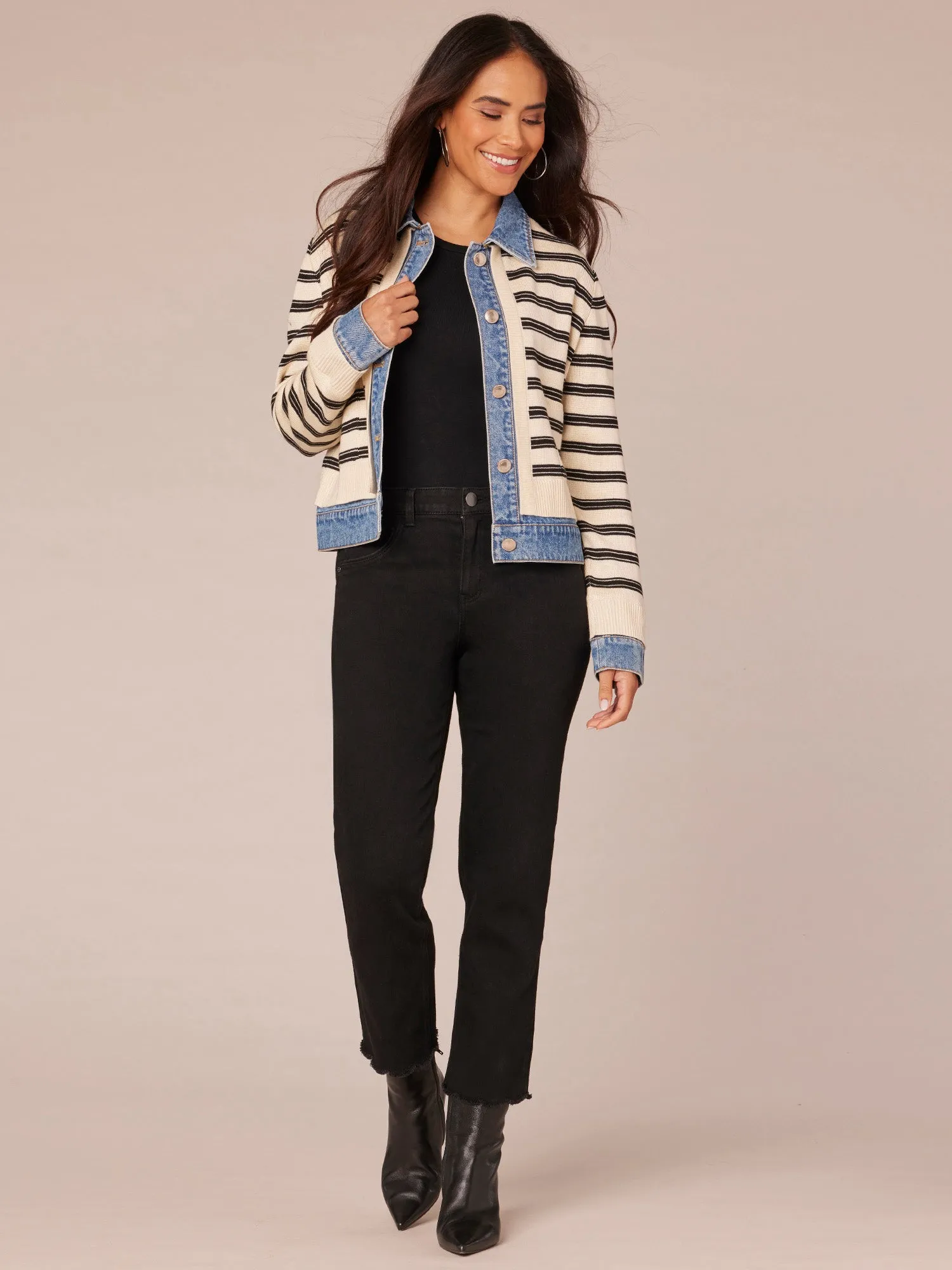 Long Sleeve Button Front Mixed Media Stripe Jacket