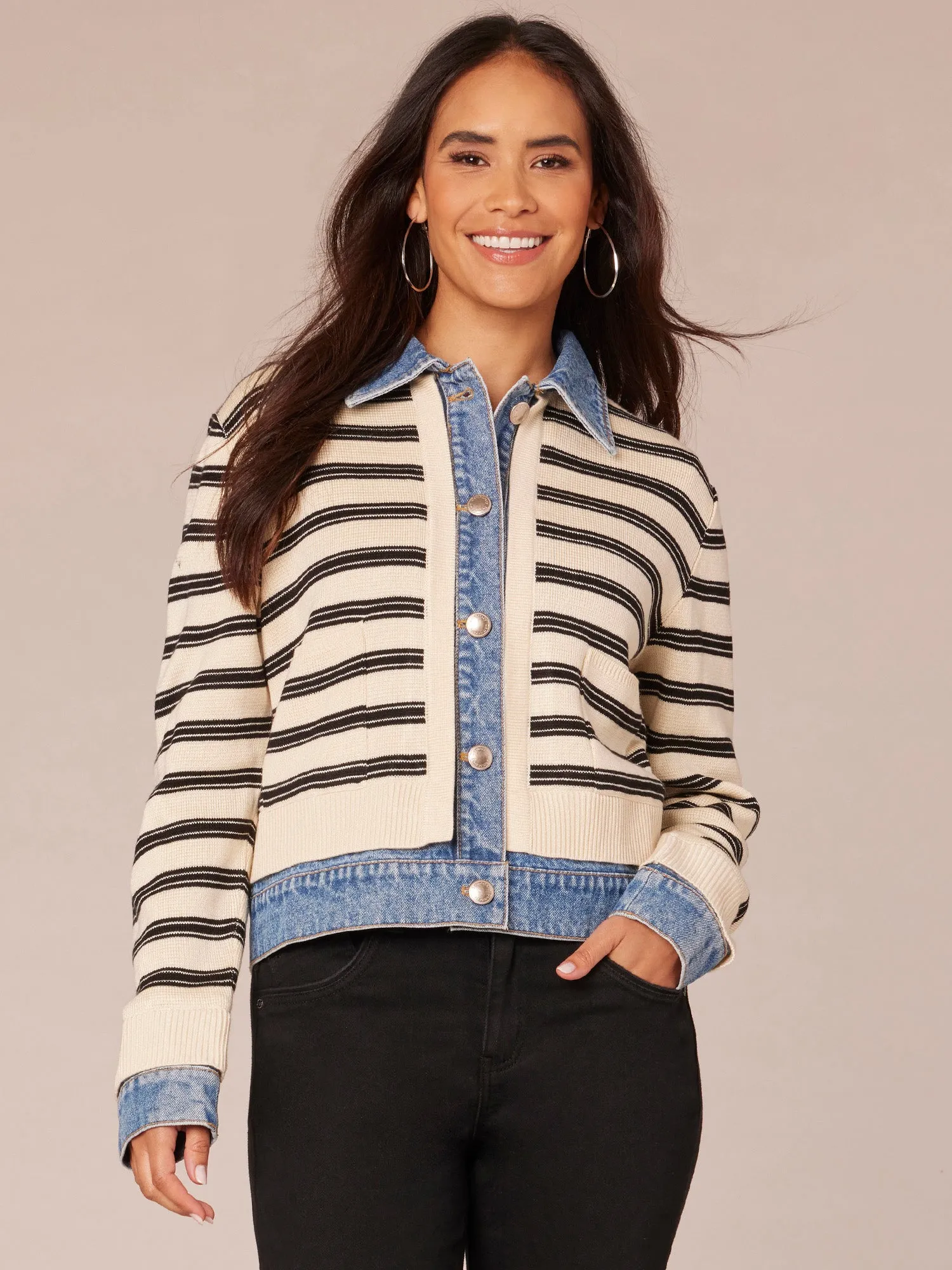 Long Sleeve Button Front Mixed Media Stripe Jacket