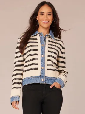 Long Sleeve Button Front Mixed Media Stripe Jacket