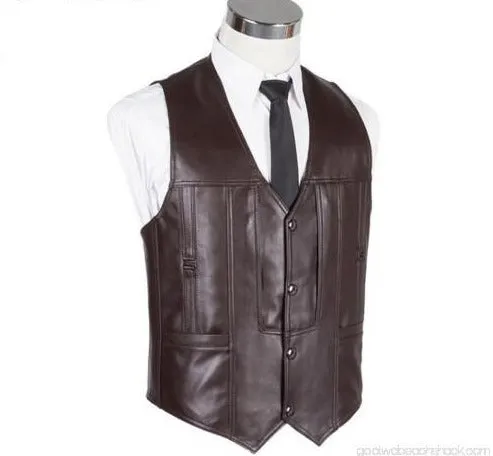 Men's Brown Genuine Sheep Leather Waistcoat Vest