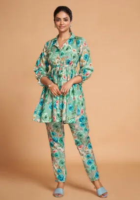 Sea Green Floral Printed Rayon Top And Bottom Co-Ord Set
