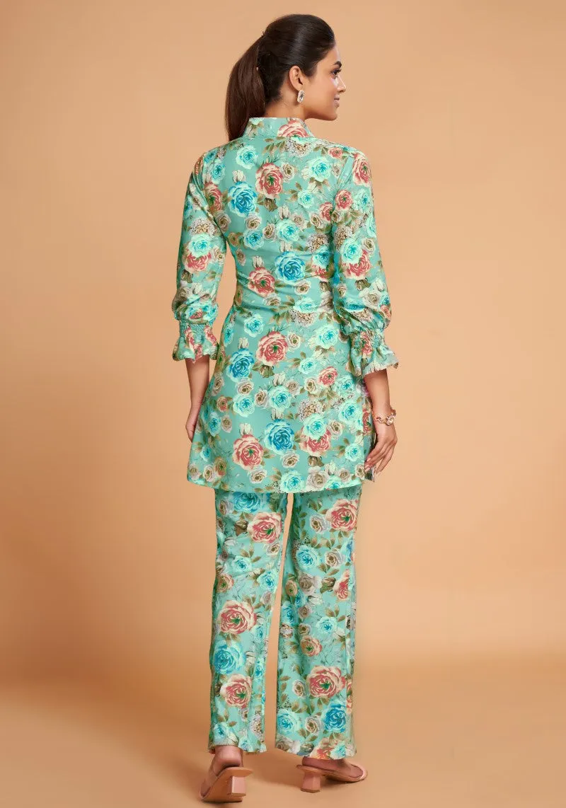 Sea Green Floral Printed Rayon Top And Bottom Co-Ord Set