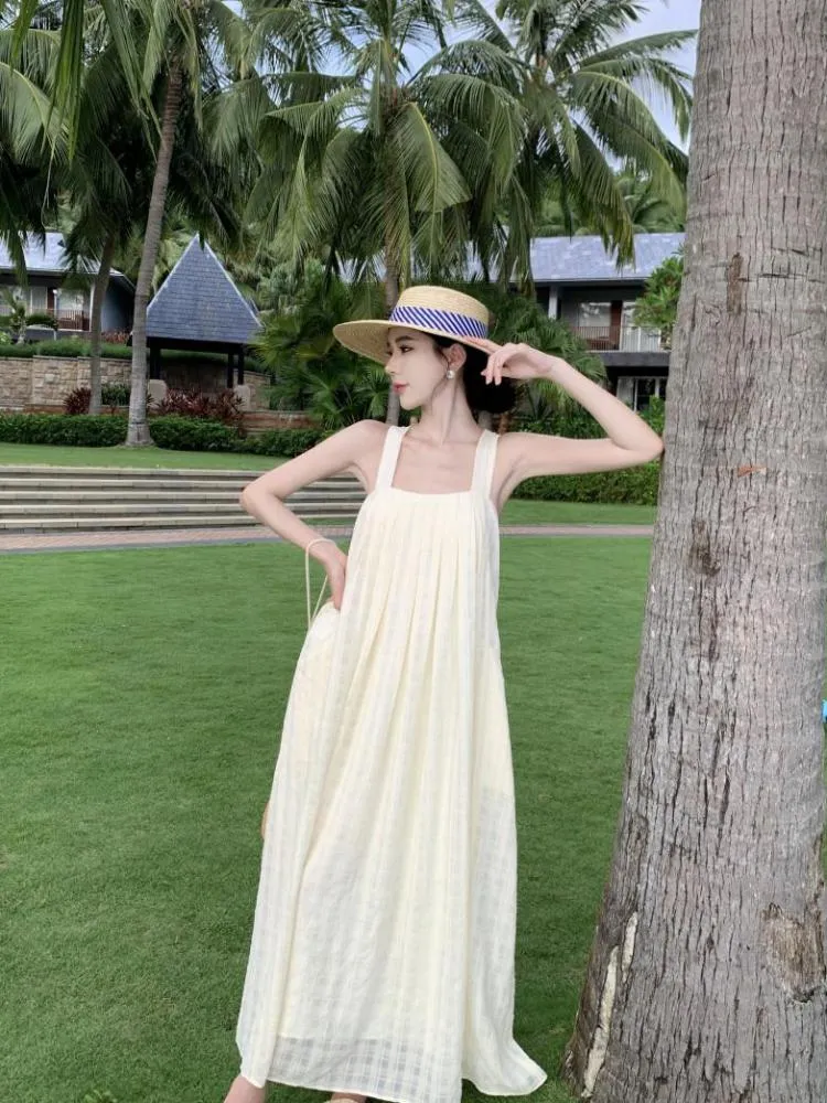 sealbeer Summer Midi Apricot Slim Square Collar Sleeveless Bandage Slip Dress For Women Elegant Pleated High Waist A-line Party Dresses