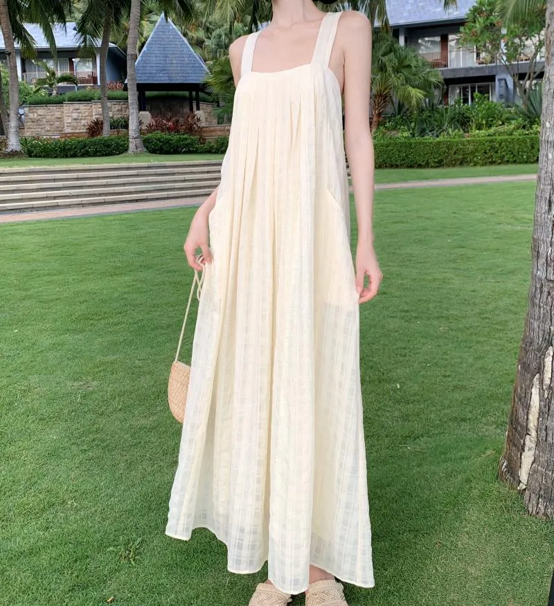 sealbeer Summer Midi Apricot Slim Square Collar Sleeveless Bandage Slip Dress For Women Elegant Pleated High Waist A-line Party Dresses