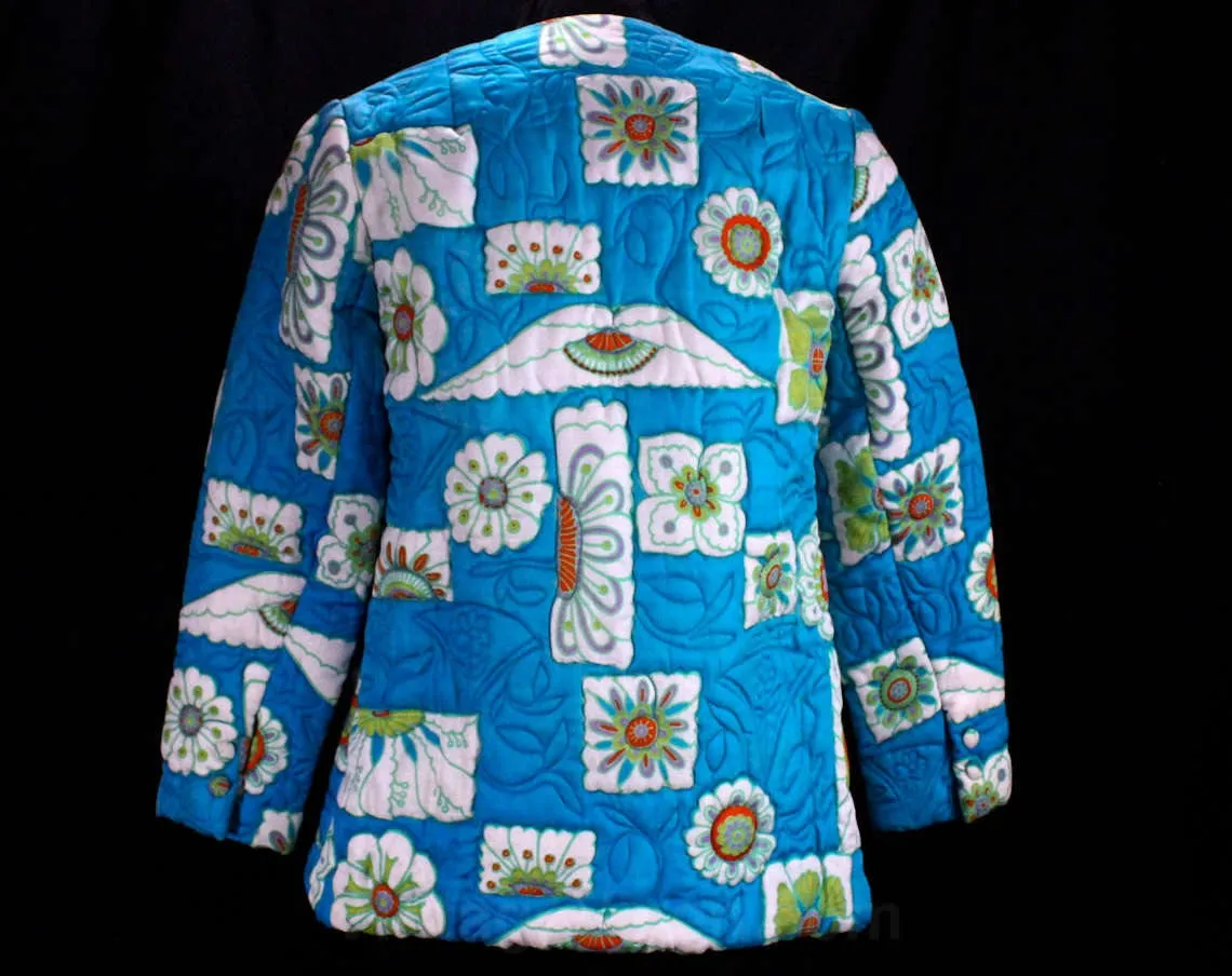 Size 6 Asian Jacket - Turquoise Orange Green Quilted Blazer - Oriental Polynesian with Chartreuse Lining - Dynasty Label - Bust 33.5 - 48655