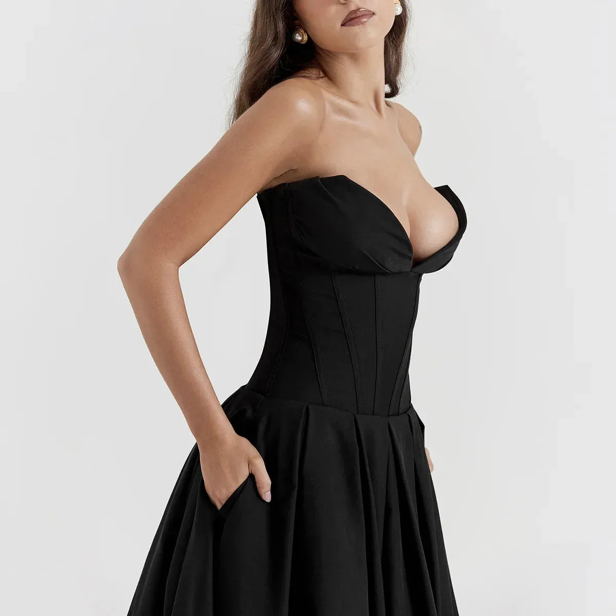 Sladuo Fashion Strapless V Neck Maxi Dress For Women  Sexy Sleeveless Big Hem Club Evening Party Outwear Dresses Vestidos