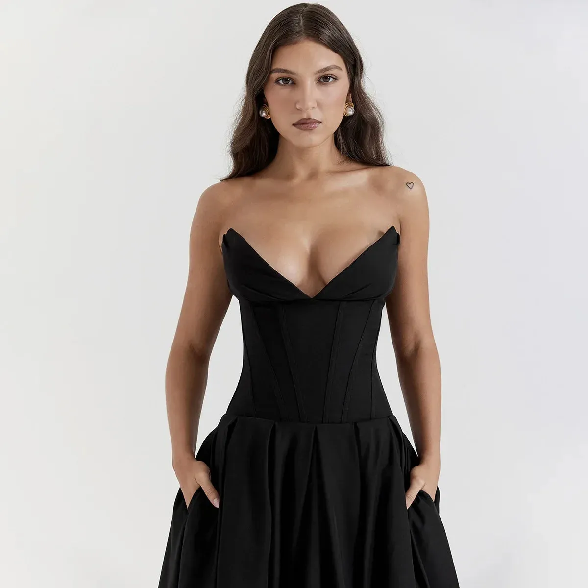 Sladuo Fashion Strapless V Neck Maxi Dress For Women  Sexy Sleeveless Big Hem Club Evening Party Outwear Dresses Vestidos