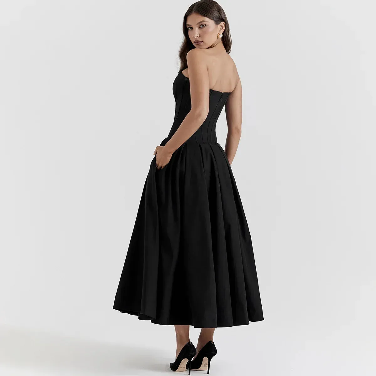 Sladuo Fashion Strapless V Neck Maxi Dress For Women  Sexy Sleeveless Big Hem Club Evening Party Outwear Dresses Vestidos