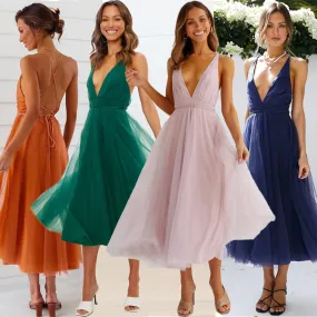 Summer Slip Sexy Solid Color Mesh Elegant Bridesmaid Dress