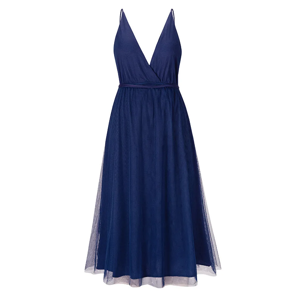 Summer Slip Sexy Solid Color Mesh Elegant Bridesmaid Dress