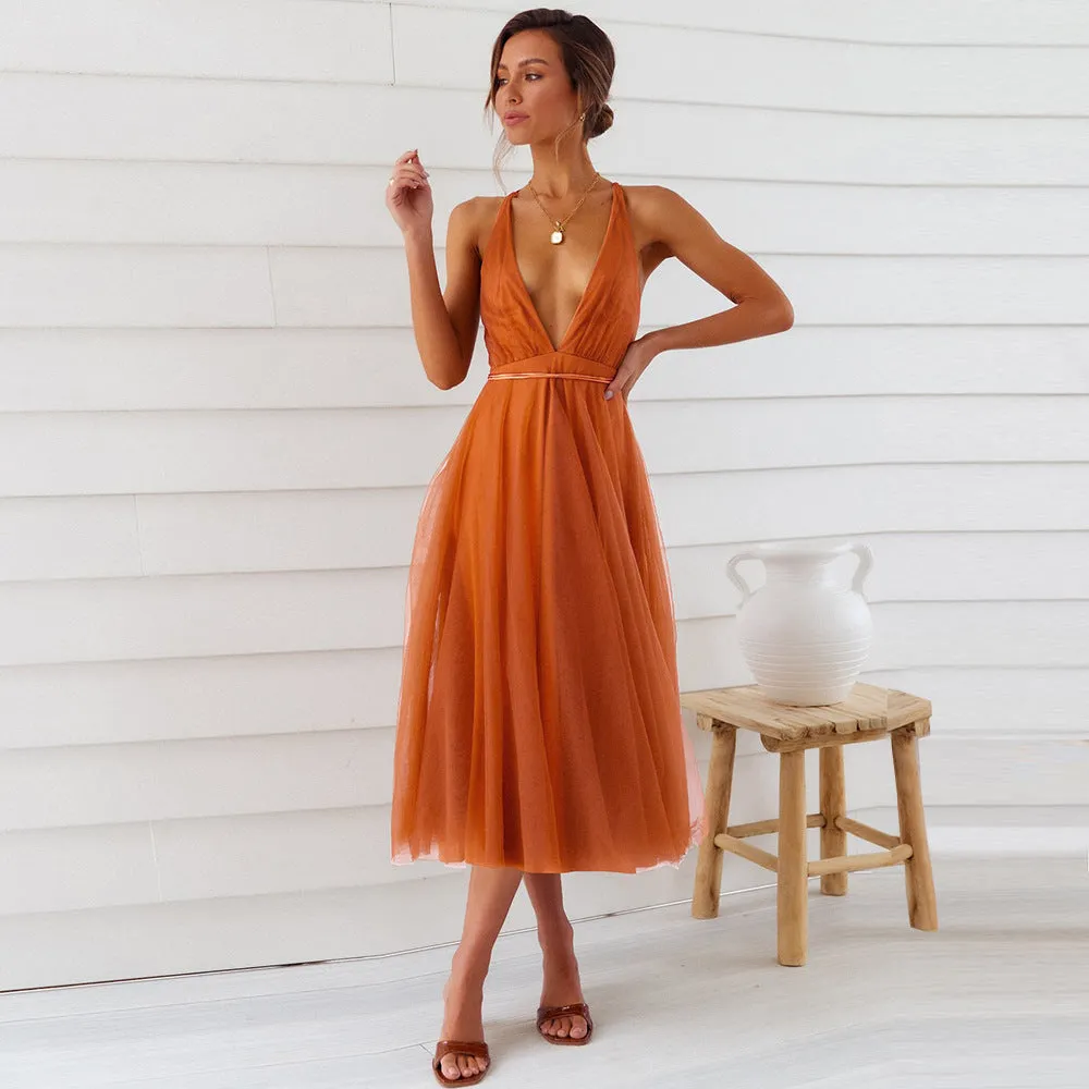 Summer Slip Sexy Solid Color Mesh Elegant Bridesmaid Dress
