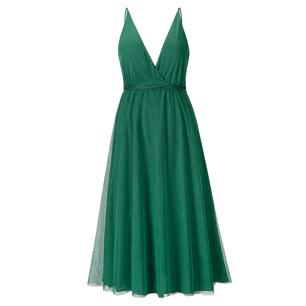 Summer Slip Sexy Solid Color Mesh Elegant Bridesmaid Dress