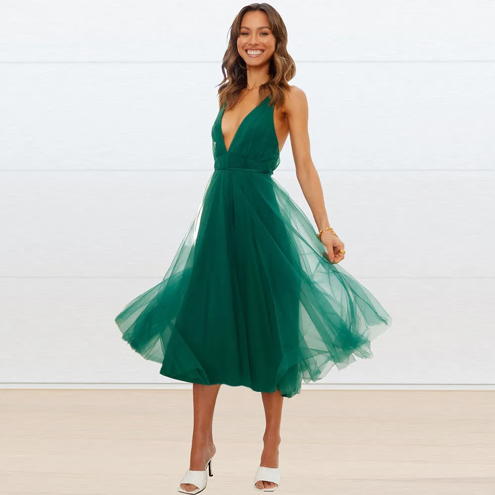 Summer Slip Sexy Solid Color Mesh Elegant Bridesmaid Dress