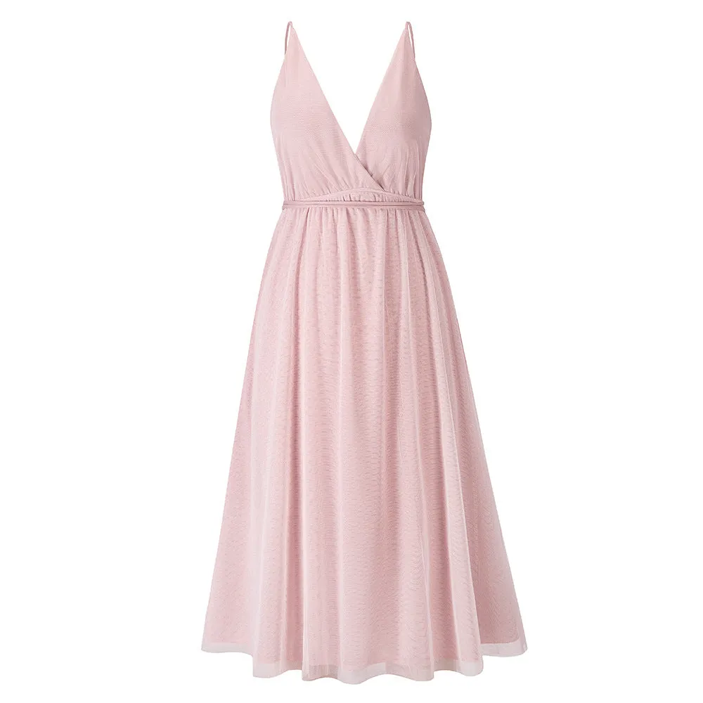 Summer Slip Sexy Solid Color Mesh Elegant Bridesmaid Dress