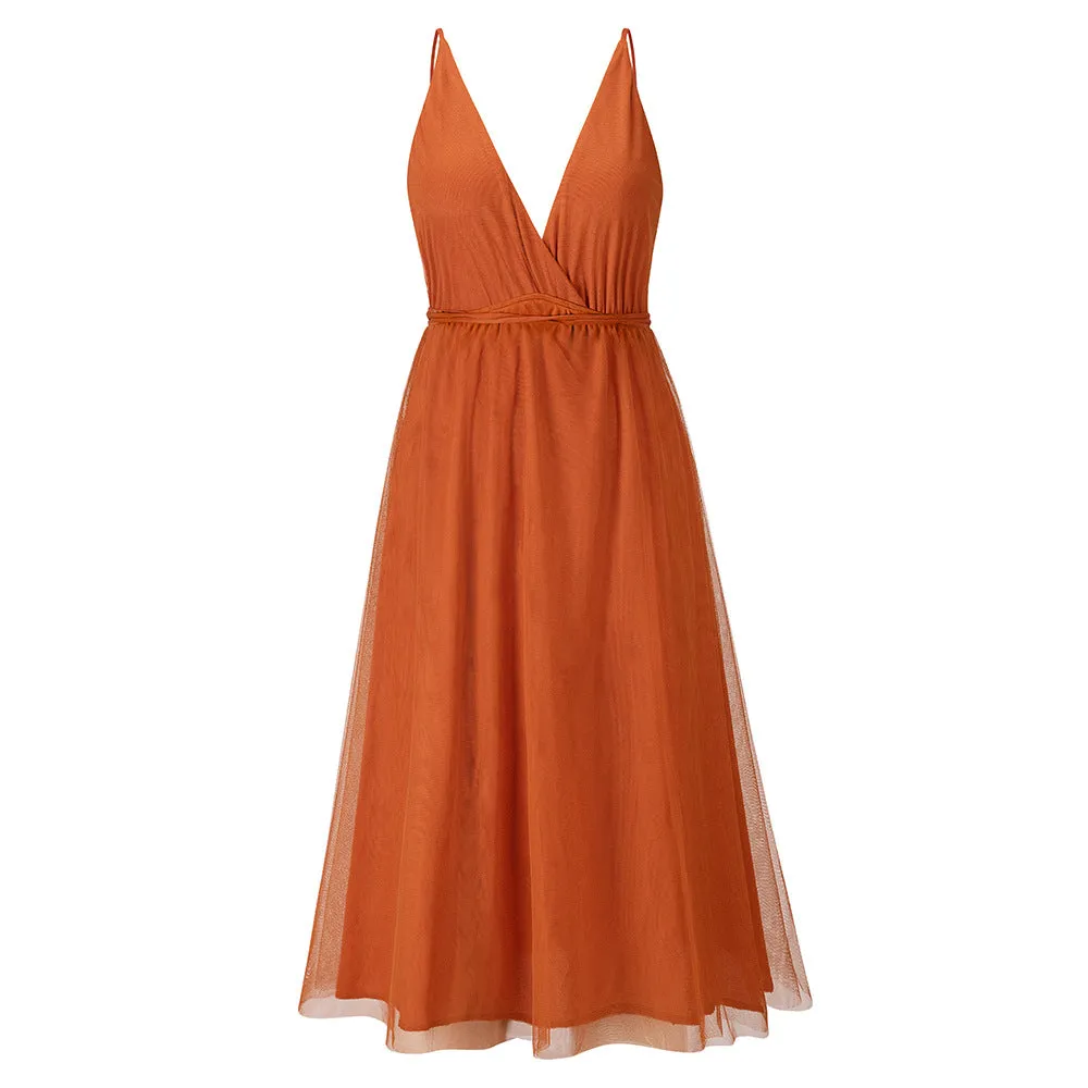 Summer Slip Sexy Solid Color Mesh Elegant Bridesmaid Dress