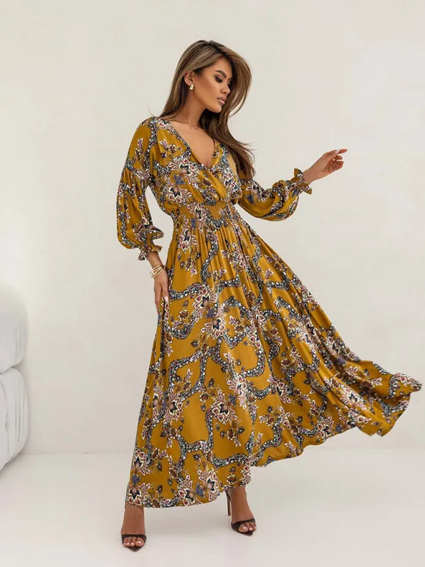 Trendy Floral Slit Midi Dress with Smocked Waist & Long Sleeves